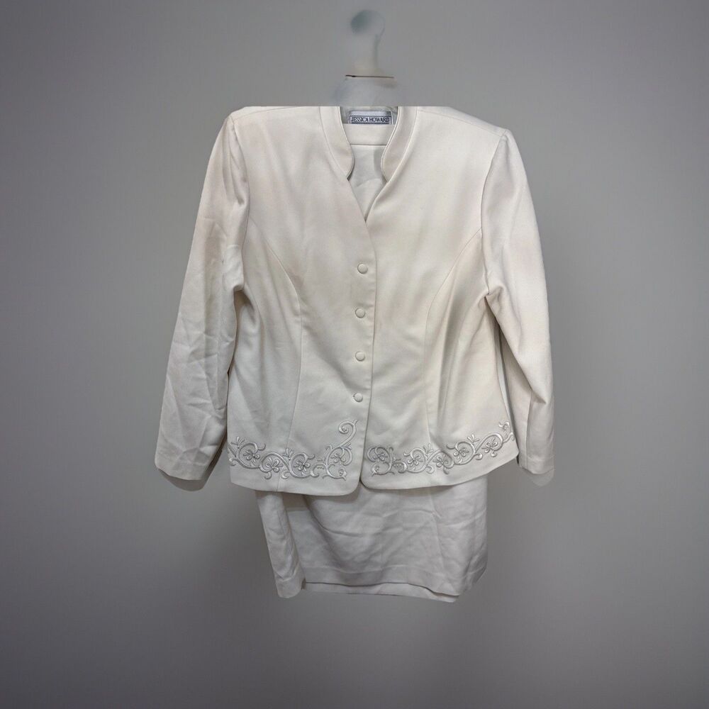 Jessica Howard Women’s ivory beige 2Pc long Skirt Suit Size 16 embelished blazer